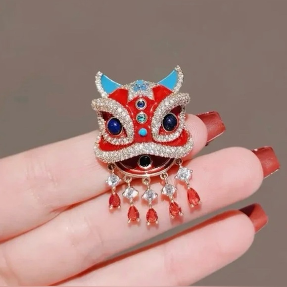 Red Lion Dance Brooch Pin with Crystal Accents Chinese Inspired Design - Picture 5 of 7